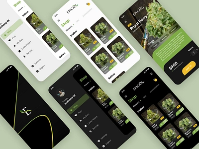 Epican Mobile Experience app app design cannabis dark dark mode dark theme dark ui design ecommerce green jamaica light mode mobile mobile design mobile ui shop shopping shopping app ui ux