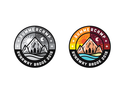 Summer Camp Runaway Badge black branding graphic design lake lettering logo mountains sky stars typography