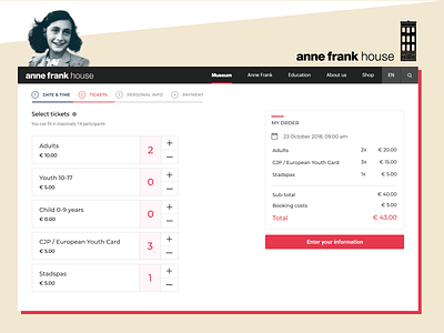 Ticketing Exploration - Anne Frank House add to cart annefrank branding child design figma museum orders payment select box ticket ticketing tickets ui ux youth