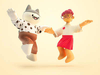 Big cat and girl c4d cute