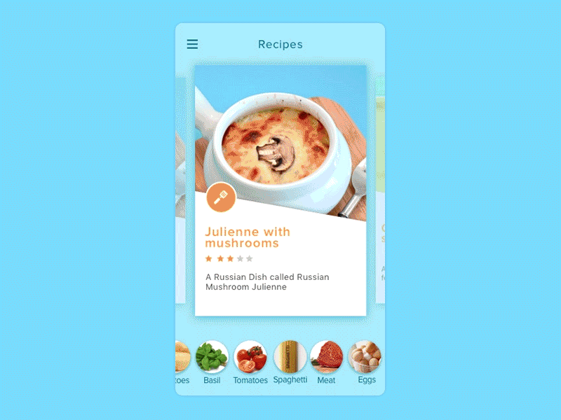 Recipes App Concept animation cards cards motion debut eat food kitchen recipe scroll scrolling scrolling menu