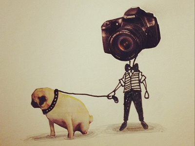Junk Mail Treasures: Cameraman Walking His Dog camera cutout dog drawing illustration ink junkmail sketch treasures