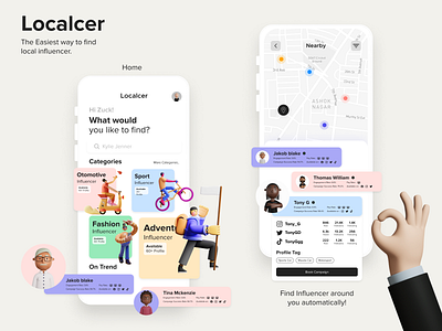 Localcer - Find Local Influencer App 3d 3d ui app influencer influencer marketing instagram marketing mobile app mobile app design mobile ui pastel color promotions social media design tiktok twitter ui ux