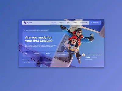 Skyrush - Skydiving Company Landing airplane blue branding bright clean design fun homepage landing minimal sky skydive skydiving ui ux ux design web web design website design