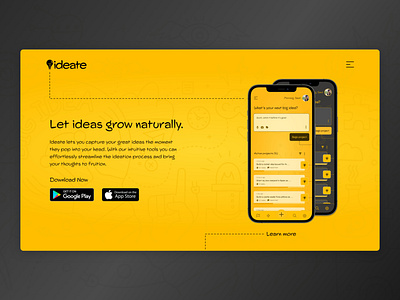 ideate app - Forming the next big idea app black branding bright design fun homepage idea illustration landing landing page task to do ui ux yellow