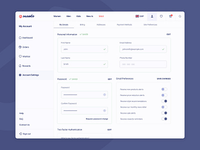 sneakr - Account settings page account blue branding bright dashboard design ecommerce settings ui ux webdesign