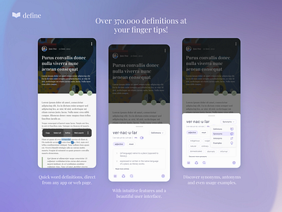 define - dictionary app concept app blue branding bright design dictionary discover features find interesting learn purple search ui ux word