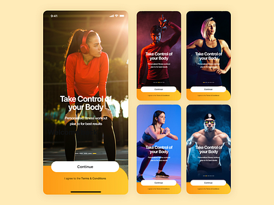 Gym & Exercise Training App aerobics colourful excercise exercise app gym gyming mobile app mobile app user experience running swimming training workouts yellow
