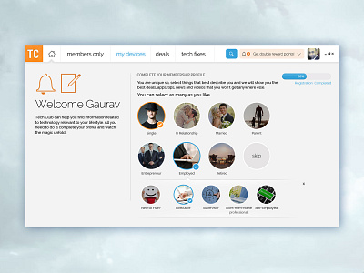 Welcome - Profile Completion design desktop app interest preferences profile profile design tech app ui ux