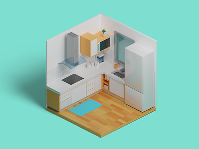 Cubic kitchen 3d blender illustration interior design voxel voxelart