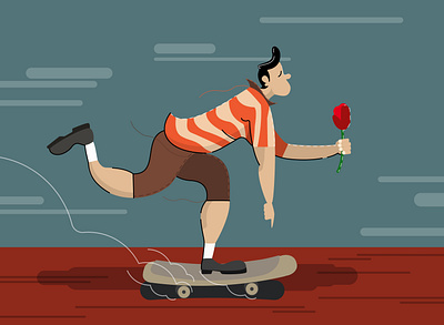 Love is in the air boy character flat flower illustration love man ride rose skateboard spring vector window