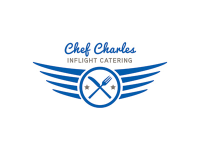 Chef Charles Inflight Catering Logo airplane aviation blue catering chef clean food inflight logo modern silverware wings