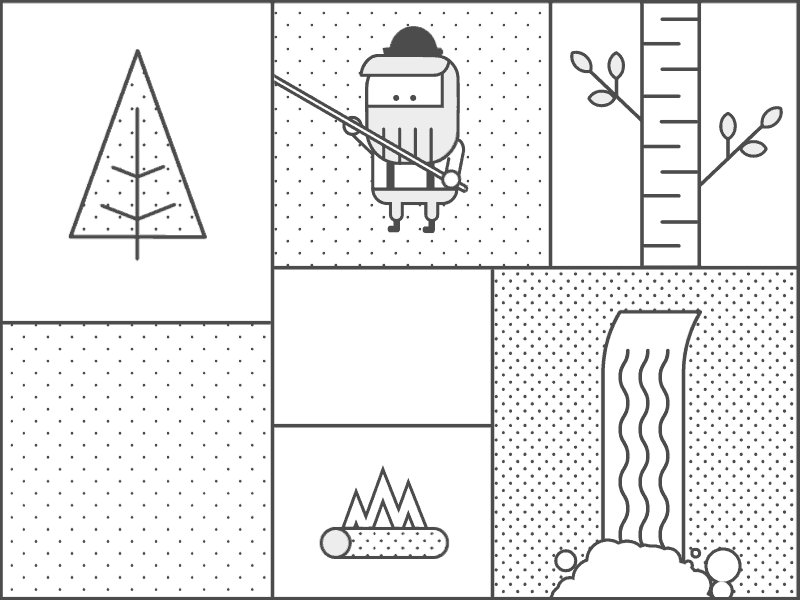 The wild grid animated! animation campfire character fire fish fishing forrest gif hipster outline stroke tree