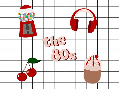 the 80s 80s candy machine cherry chocolate cold cream cup dessert drink food fruit glass headphone hot chocolate illustration milk pink retro strawberry sweet