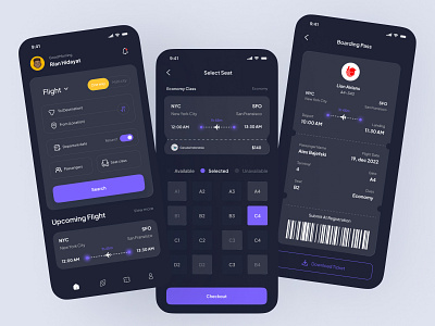 Travel Booking App ✈️ android app app design booking dark theme design flight ios mobile mobile app mobile ui prototype travel ui uiux ux