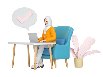 Onboarding 3d business c4d character check cinema 4d company computer design girl humi illustration laptop muslim onboarding remote role sit sofa work