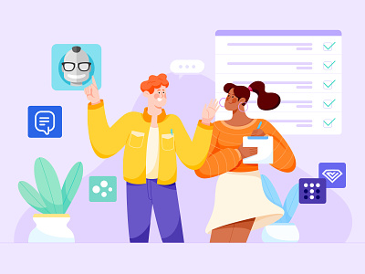 Geekbot Blog Cover article blog business chat collaboration cover editorial flat friend geekbot man microsoft teams office remote slack team vector woman work