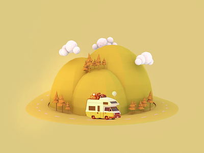 Summer Holiday animation balloon caravan clouds hills low poly octane road trees