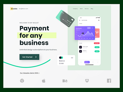 Bradda- Payment Gateway Web Landing UI bank card clean credit card crypto currency finance crypto wallet currency designwebsite exchange header homepage landing page money payment gateway web ui simple stock ux webdesign