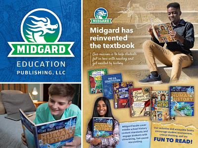 Midgard branding, brochure, website photos books branding design educational kids logo middle school promotional publishing reading textbooks web