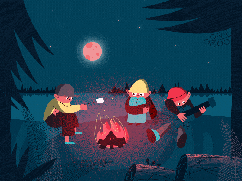 Campfire in the Woods after effect animation character fire gif grain guitar illustration loop marshmallow moon motion night people plants rig shadow star