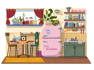 Hello Dribbble debut debutshot dribbble firstshot flat hello hello dribbble illustration kitchen thanks welcome shot