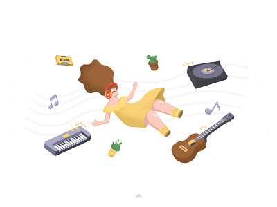 music feeling character debut design disc feeling float guitar illustration music music note music player piano yellow