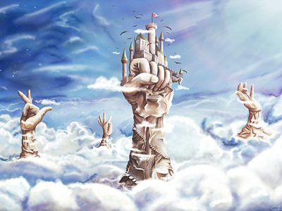 Reach for the stars artwork castle cloud discovery hands illustration pascal schmidt reach for the stars schmydt sky stone hands