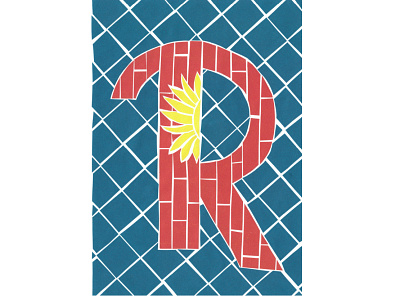 Letter R blue brick bright collage flower hand lettering illustration lettering letters mosaic paper pieces red square sun