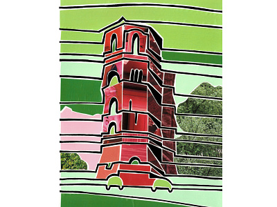 Water tower (Tyumen, Russia) bright city view collage green illustration mosaic outline paper pieces red russia siberia silhoutte tyumen water tower