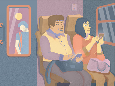 Evening suburb train after work blue carriage cellphone character characters electric train evening illustration man people purple rest seats smartphone strangers texture tired train woman