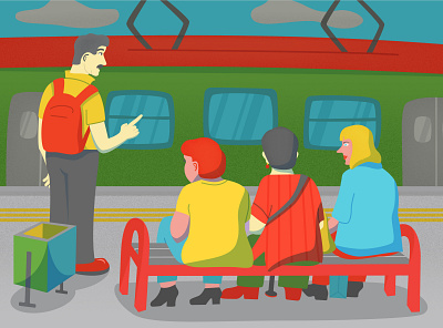 Morning suburb train bench bright character characters design electric train illustration man people strangers texture train trash can woman women