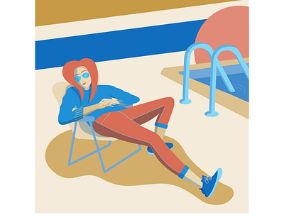 Feels like a deck chair 2d blue bright character flat girl illustration lazy people people illustration pool pose red relax rest sitting swimming pool woman