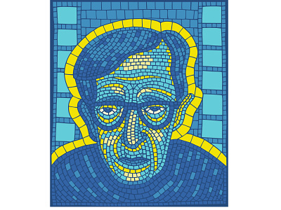 Director blue bright character cinema creator director face glance glasses human illustration man mosaic movie old man portrait tired yellow
