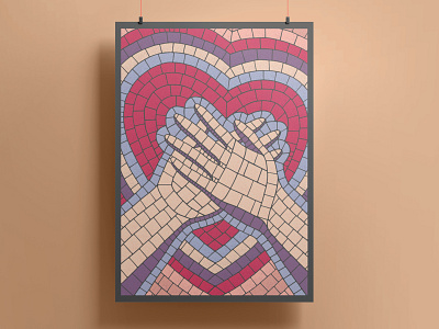 Listen to your heart blue bright collage esoteric finger gesture hand heart heartbeat illustration inside interior poster listen mosaic orange pieces pink poster purple