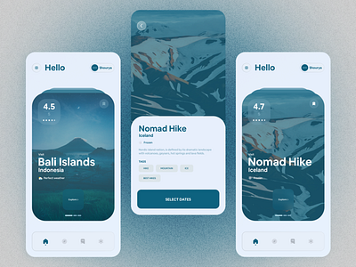 Travel Application UI app design bali blue cards clean minimal modern tourist travel travel app ui