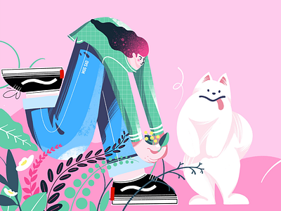 Spring is coming ！ 2d art branding design dog doodle flat girl happy illustration logo lovely pink procreate samoyeds women