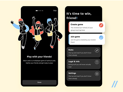 Cards Game for Friends & Family app cards design friends fun game humour illustraion joy mobile mvp onboarding purrweb react native startup ui ux