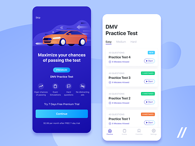 Driver Exam App UI/UX app course custom design dmv driver exam illustraion mobile mvp online practice premium purrweb question react native startup test ui ux