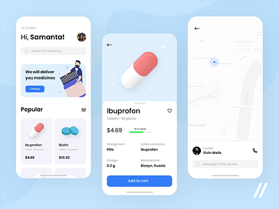 Medicine Delivery App animation app delivery design goods illustration map medecine mobile motion online pharmacy pills purrweb react native ui ux