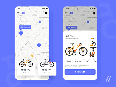 Bicycle Rental App Design app bike bycicle design location map mobile mvp nearby online purrweb react native rent rental search startup ui ux