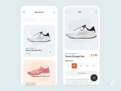 Sneakers Store App animation app design ecommerce mobile mvp online product page purrweb react native shop shopping app shopping cart size sneaker shop sneakers startup store ui ux