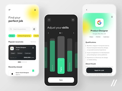 Job Finder App app design finder job board job finder job listing jobs jobseeker mobile mvp online profile purrweb react native resume settings skills startup ui ux