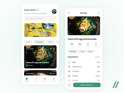 Recipe App app cooking design figma food health healthcare healthy lifestyle light theme meal planning mobile mvp nutrition purrweb recipe app startup ui ux uxui