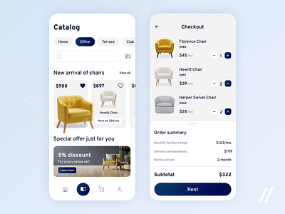 Furniture Marketplace App animation app catalog chair design ecommerce furniture marketplace mobile mvp online purrweb react native rent shopping startup store ui ux