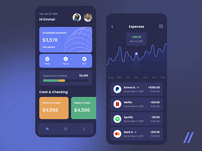 Finance App for Couples animation app budget chart couple dark theme design family finance fintech graphs mobile mvp online purrweb react native startup statistics ui ux