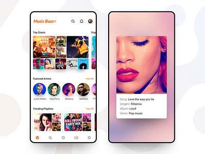 Music Buzz #2 - music app design android app card clean app design components concept app dailyui design interaction ios iphonex layout design music music app ui sketch trending design trending ui ui ux visual