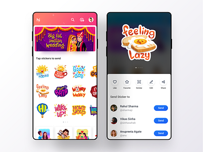 Sticker Sharing from All New Hike Sticker Shop card chat app clean design cool design expression hike indian interaction ios love messenger sharing shop sketch sticker stickers ui ux visual