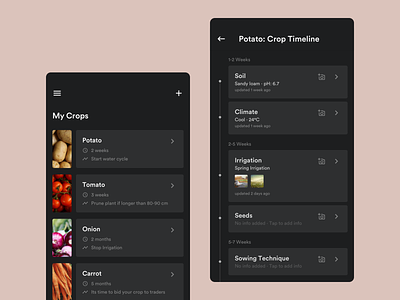 Crop LifeCycle Concept agriculture app dark mode farmer timeline