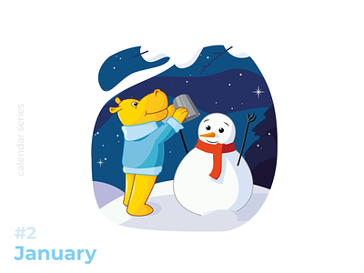Winter Illustration calendar hippo holiday illustration night snow snowman winter